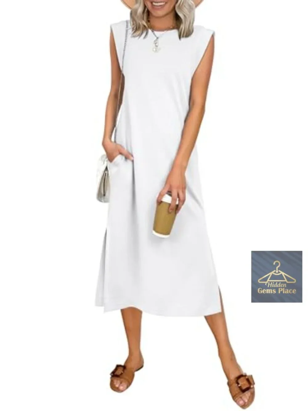 Women's Casual Midi Dress Sleeveless Crewneck Loose Split Wrinkle-Free